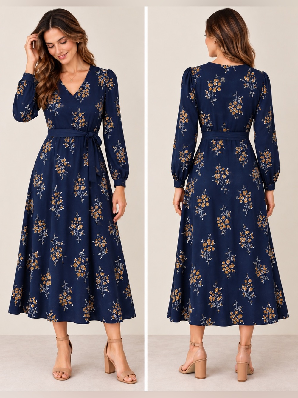 Boden Navy Floral Wrap Dress - Size 8R Long Sleeve